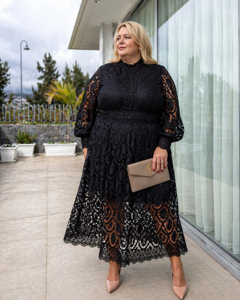 Celestine Curvy Plus Size Women's Dress – Elegant Lace Long Sleeve Chic Evening Dress
