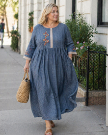 Farah Curvy Plus Size Women's Dress – Bohemian Cotton Linen Embroidered Dress, Loose Comfortable Fit