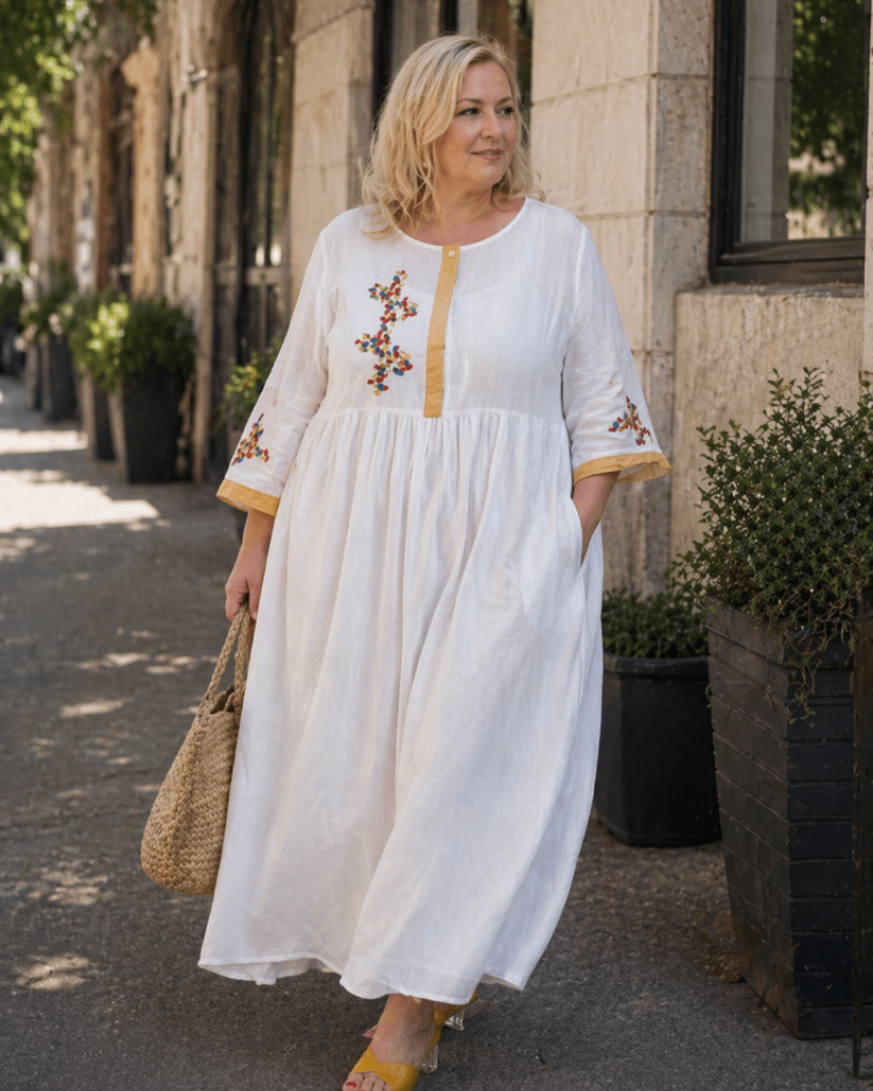 Farah Curvy Plus Size Women's Dress – Bohemian Cotton Linen Embroidered Dress, Loose Comfortable Fit