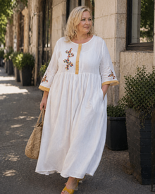 Farah Curvy Plus Size Women's Dress – Bohemian Cotton Linen Embroidered Dress, Loose Comfortable Fit