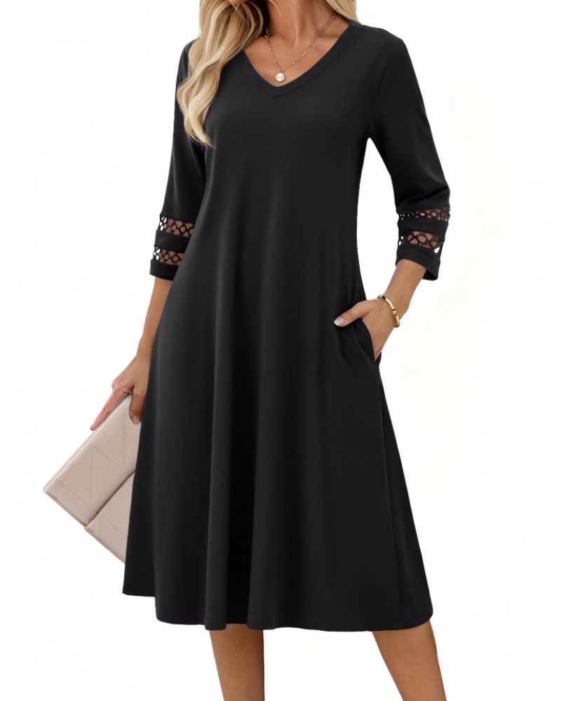 Rummi Women's Dress – V-Neck, 3/4 Lace Sleeves & A-Line Midi Cut with Pockets