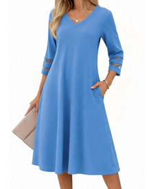 Rummi Women's Dress – V-Neck, 3/4 Lace Sleeves & A-Line Midi Cut with Pockets