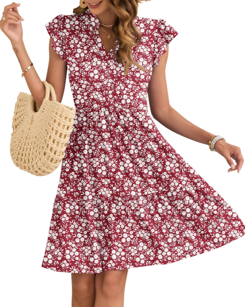 Eula Women's Dress – V-Neck, Ruffled Sleeves & Elastic Waist with Mini Pockets Summer