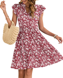 Eula Women's Dress – V-Neck, Ruffled Sleeves & Elastic Waist with Mini Pockets Summer