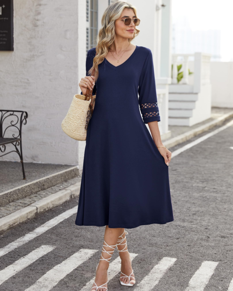 Rummi Women's Dress – V-Neck, 3/4 Lace Sleeves & A-Line Midi Cut with Pockets