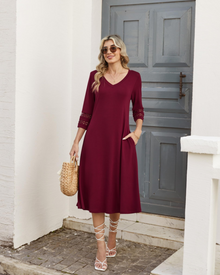 Rummi Women's Dress – V-Neck, 3/4 Lace Sleeves & A-Line Midi Cut with Pockets