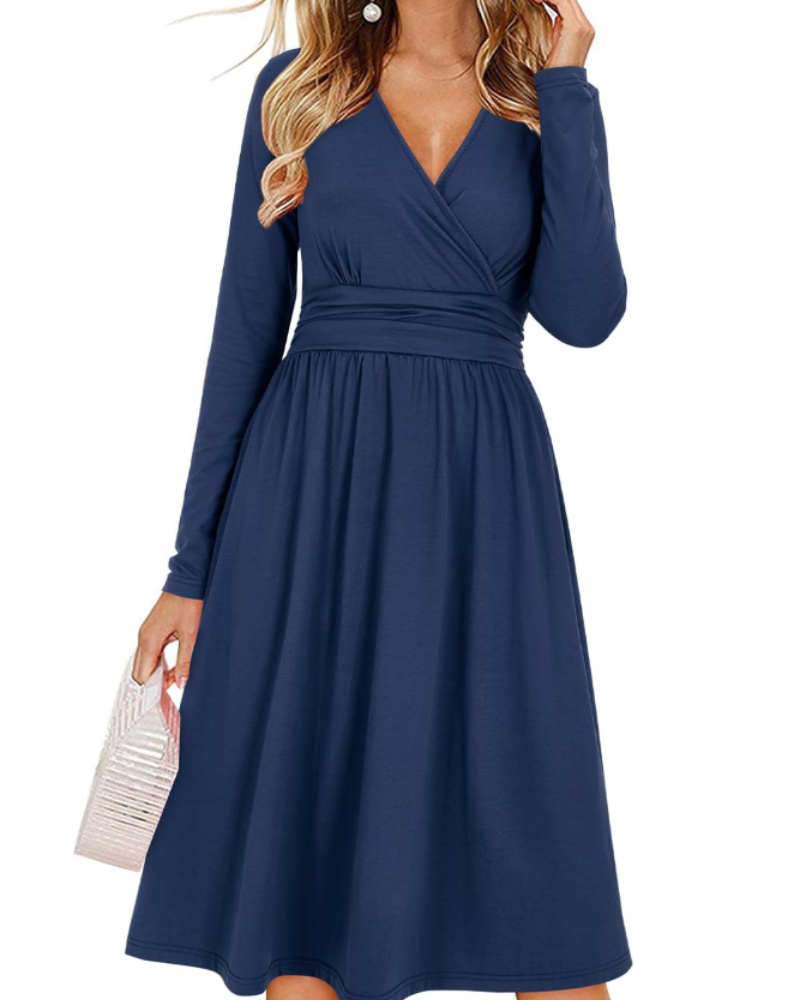 Regina Women's Dress – Solid V-Neck, Long Sleeves & A-Line Midi Cut with Pockets