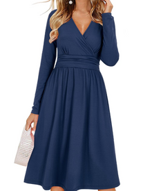 Regina Women's Dress – Solid V-Neck, Long Sleeves & A-Line Midi Cut with Pockets