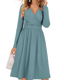 Regina Women's Dress – Solid V-Neck, Long Sleeves & A-Line Midi Cut with Pockets