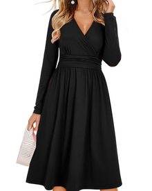 Regina Women's Dress – Solid V-Neck, Long Sleeves & A-Line Midi Cut with Pockets