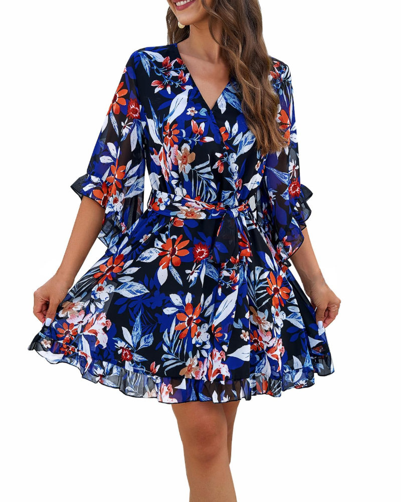 Odessa Women's Robe – Floral V-Neck Wrap, Bell Sleeves & Elegant Mini Chiffon