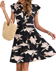 Eula Women's Dress – V-Neck, Ruffled Sleeves & Elastic Waist with Mini Pockets Summer