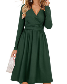 Regina Women's Dress – Solid V-Neck, Long Sleeves & A-Line Midi Cut with Pockets