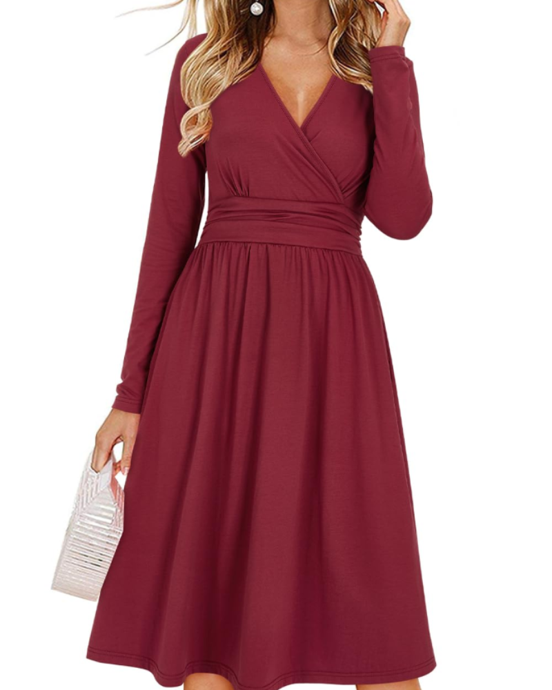 Regina Women's Dress – Solid V-Neck, Long Sleeves & A-Line Midi Cut with Pockets