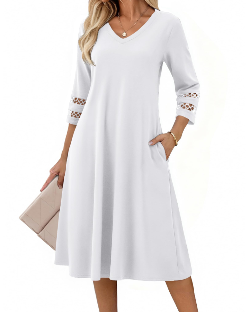 Rummi Women's Dress – V-Neck, 3/4 Lace Sleeves & A-Line Midi Cut with Pockets