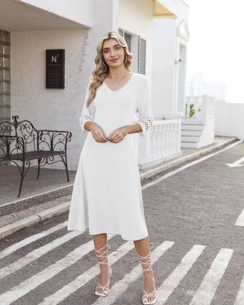 Rummi Women's Dress – V-Neck, 3/4 Lace Sleeves & A-Line Midi Cut with Pockets