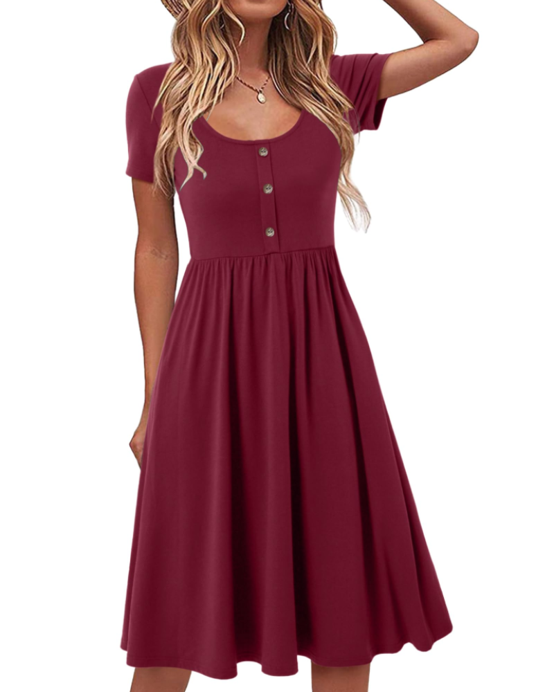 Maloi Women's Dress – Round Neck, A-Line Midi Cut & Elastic Waist with Pockets Summer