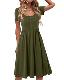 Maloi Women's Dress – Round Neck, A-Line Midi Cut & Elastic Waist with Pockets Summer