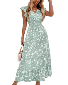 Gina Women's Maxi Dress – V-Neck Floral, Petal Sleeves & Elastic Waist, Lightweight Summer
