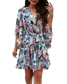 Odessa Women's Robe – Floral V-Neck Wrap, Bell Sleeves & Elegant Mini Chiffon