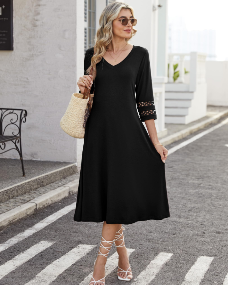 Rummi Women's Dress – V-Neck, 3/4 Lace Sleeves & A-Line Midi Cut with Pockets