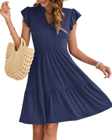Eula Women's Dress – V-Neck, Ruffled Sleeves & Elastic Waist with Mini Pockets Summer