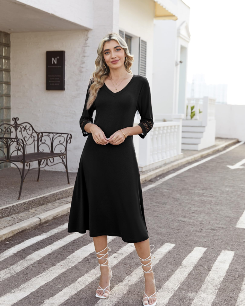 Rummi Women's Dress – V-Neck, 3/4 Lace Sleeves & A-Line Midi Cut with Pockets