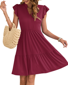 Eula Women's Dress – V-Neck, Ruffled Sleeves & Elastic Waist with Mini Pockets Summer
