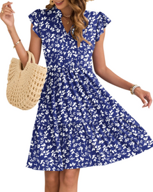 Eula Women's Dress – V-Neck, Ruffled Sleeves & Elastic Waist with Mini Pockets Summer