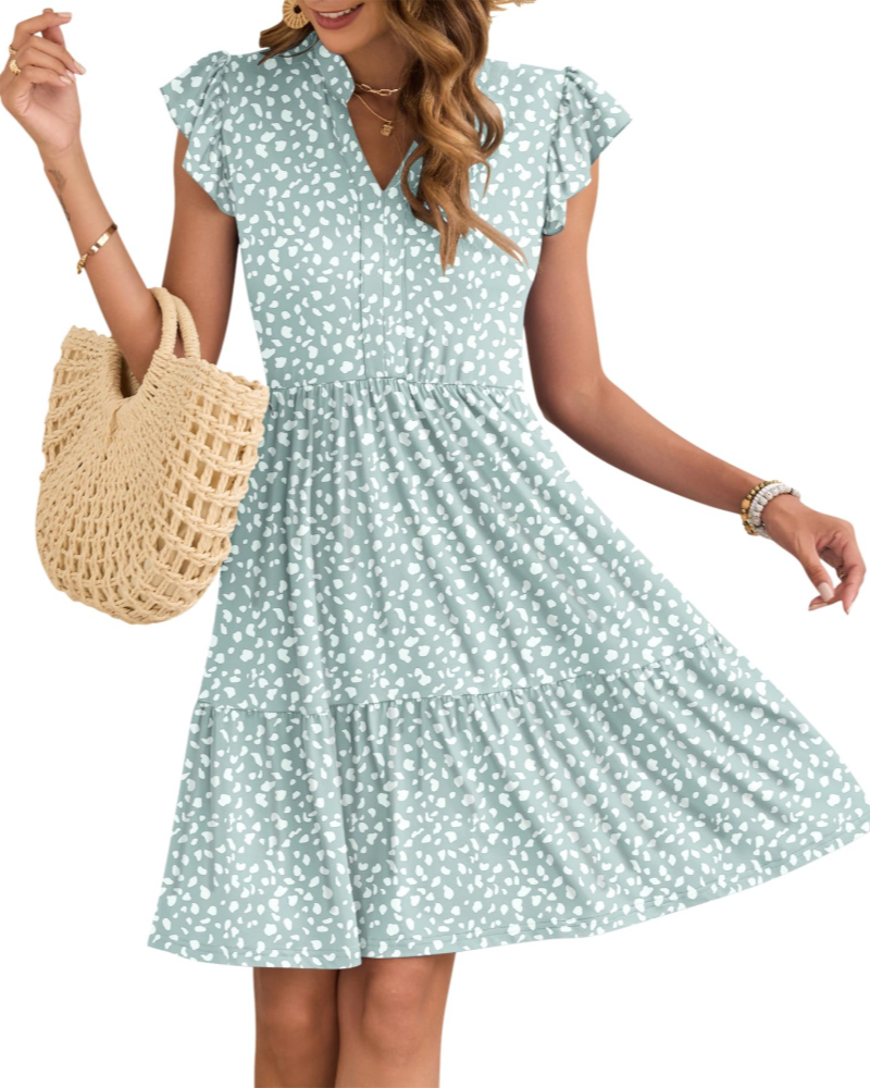 Eula Women's Dress – V-Neck, Ruffled Sleeves & Elastic Waist with Mini Pockets Summer