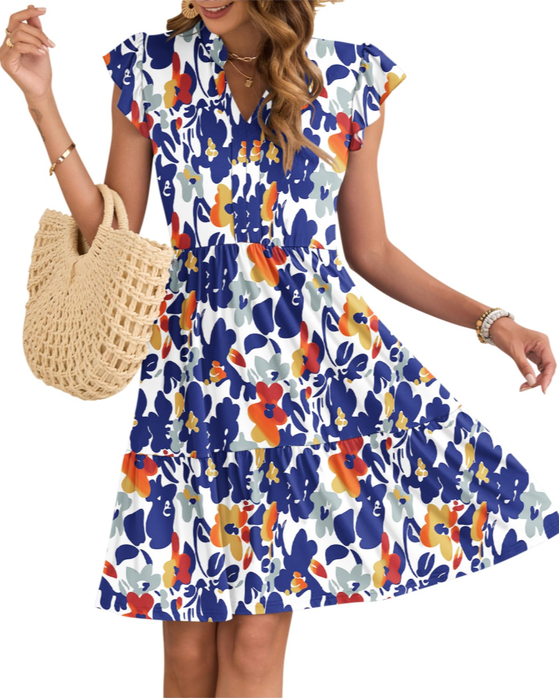 Eula Women's Dress – V-Neck, Ruffled Sleeves & Elastic Waist with Mini Pockets Summer
