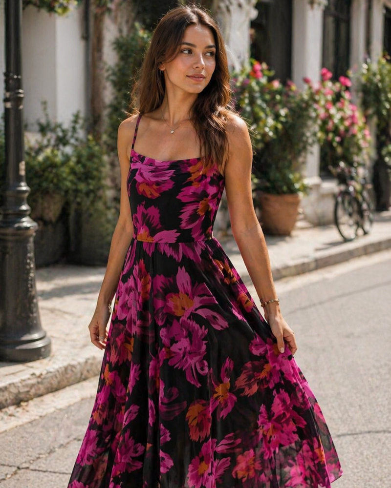 Denise Women's Dress – Floral Maxi Dress with Thin Straps, Draped Neckline, Elegant A-Line Cut