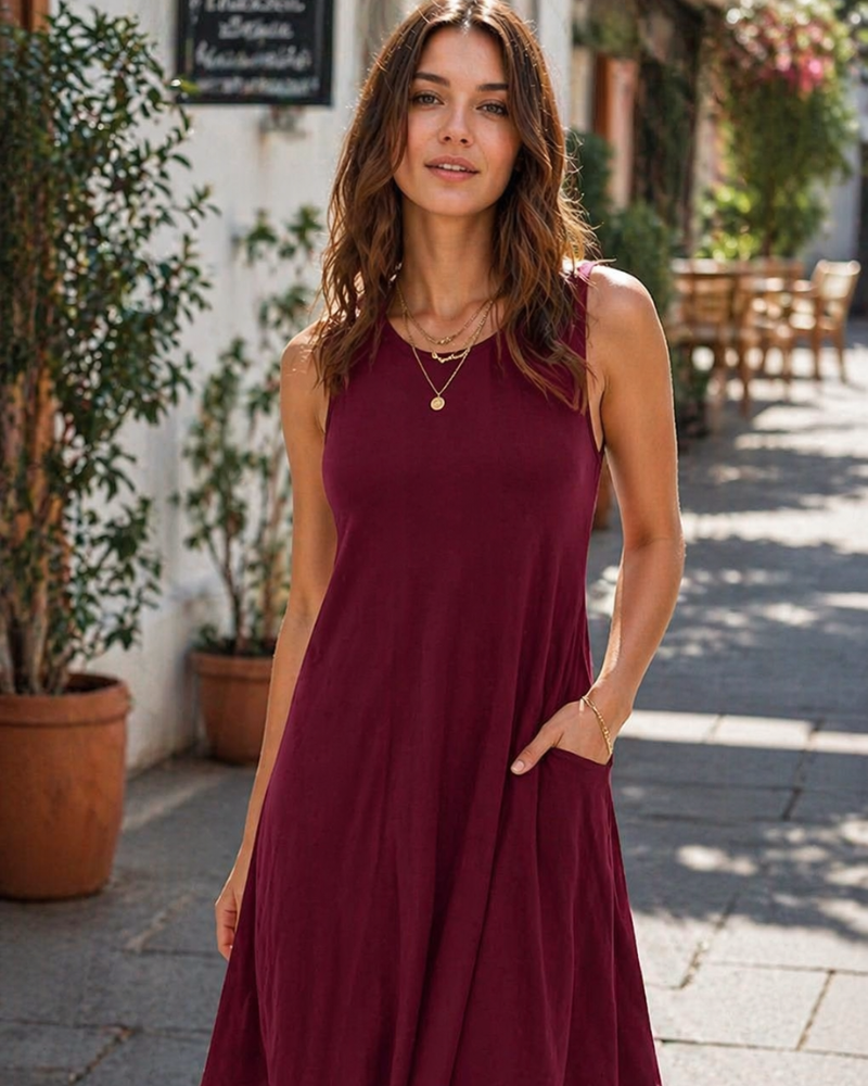 Rina Women's Dress – Sleeveless Summer Tank Dress, Flowing A-Line with Pockets, Casual
