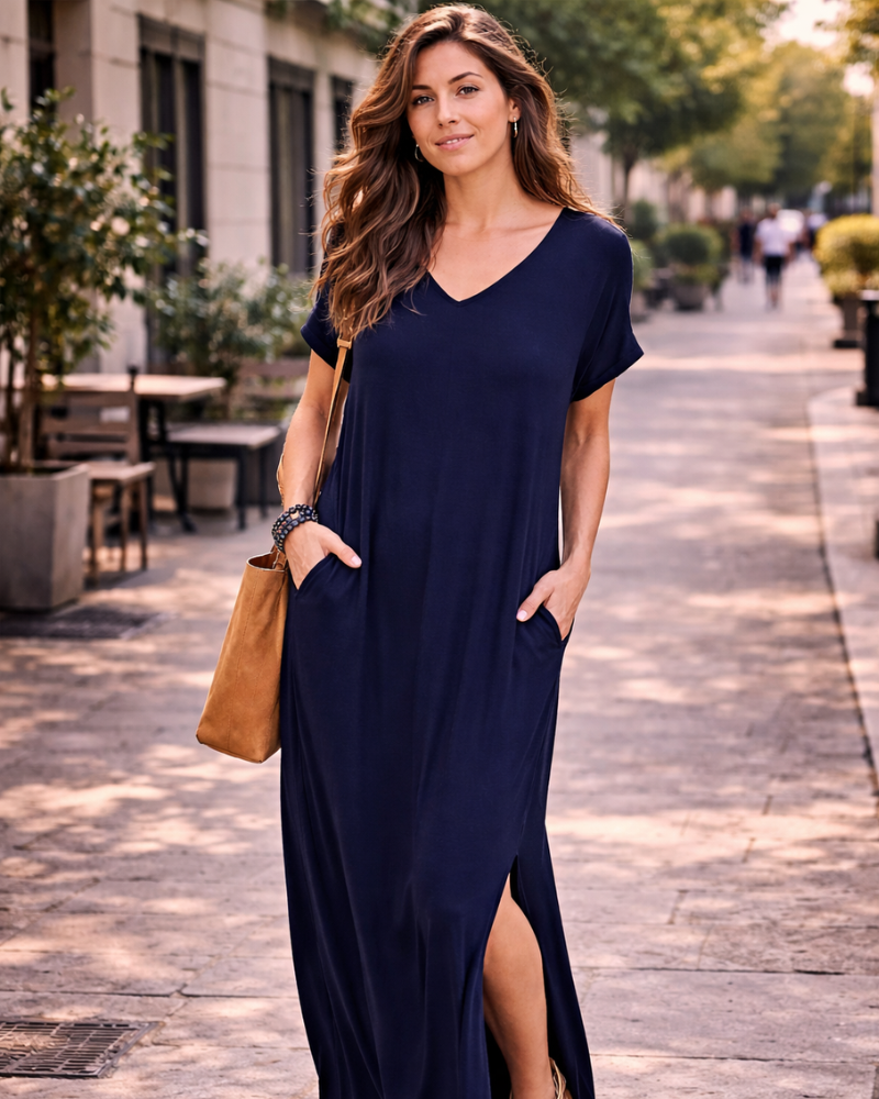Rosenda Women's Maxi Dress – V-Neck, Short Sleeves, Flowing Fit & Slit with Pockets Summer