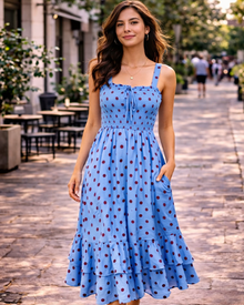 Mildred Women's Maxi Dress – Square Neck, Straps, Smocked A-Line Cut & Ruffled Hem Summer