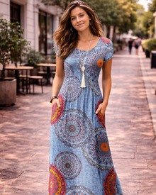 Bridget Maxi Dress for Women – Solid Round Neck, Flowing Fit & High Waist with Pockets Summer