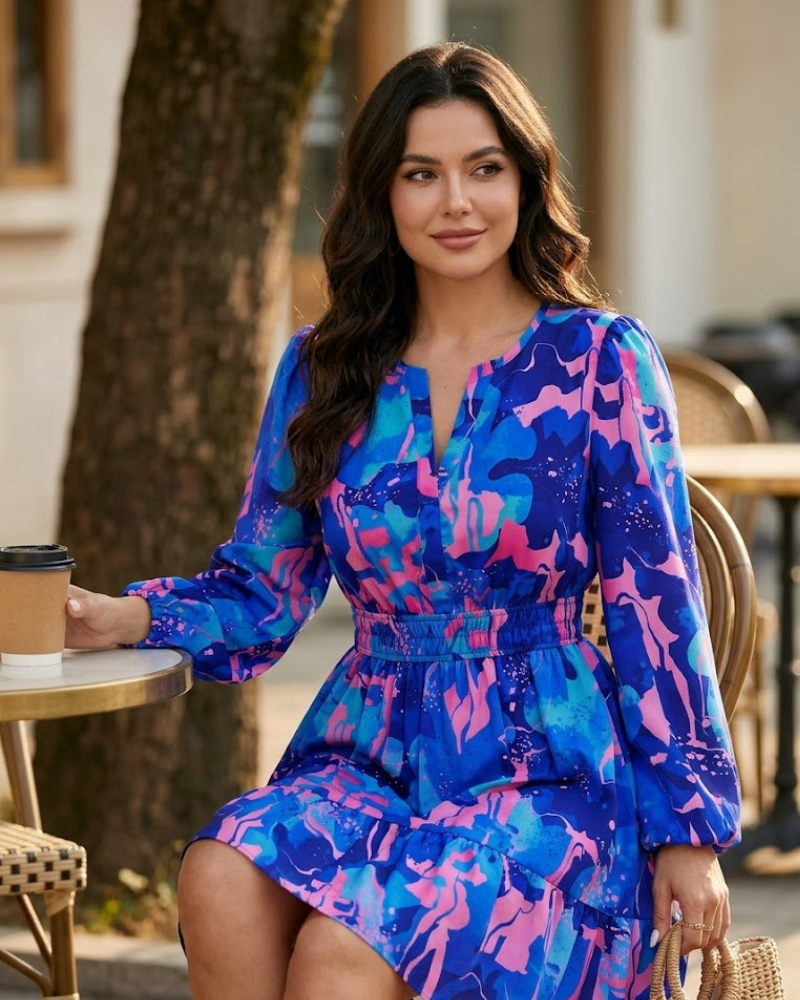 Adela Women's Short Bohemian Dress – Floral V-Neck Dress, Long Sleeves & Elastic Waist