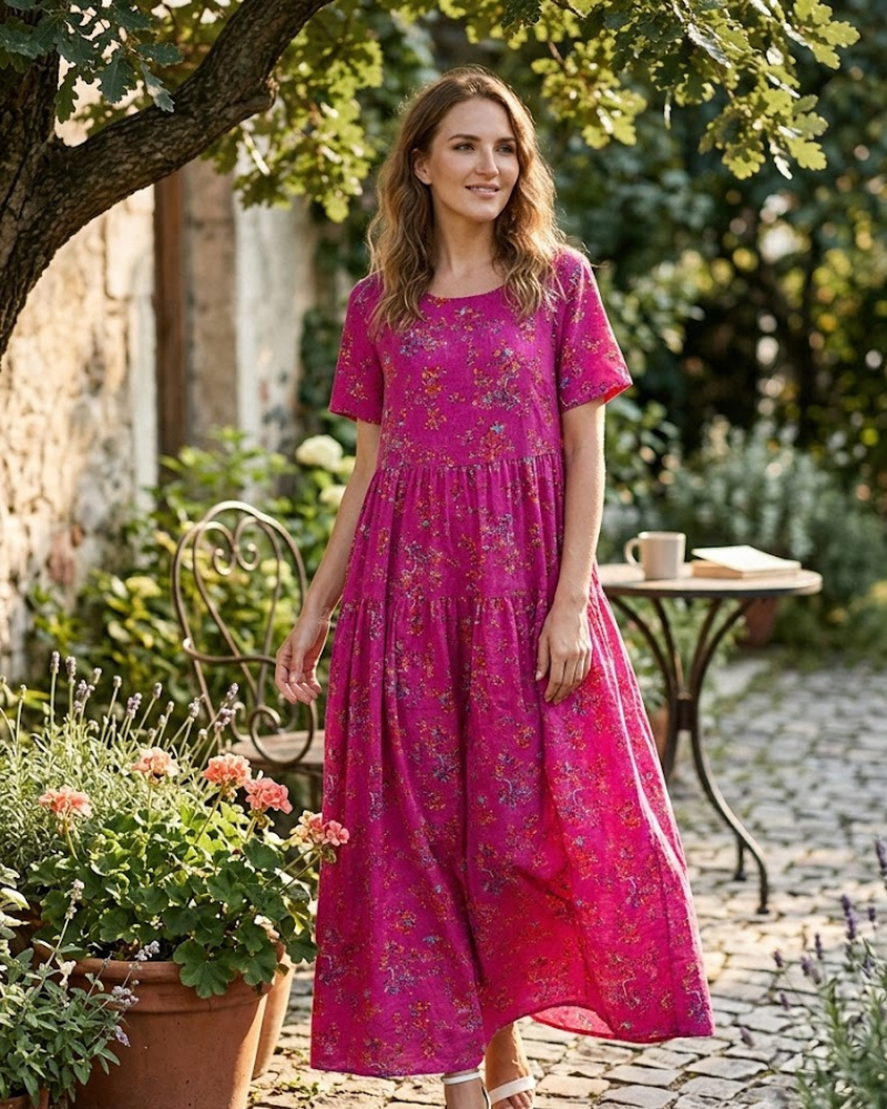 Laurice Women's Bohemian Maxi Dress – Long Floral Dress with Short Sleeves, High Waist & Pockets