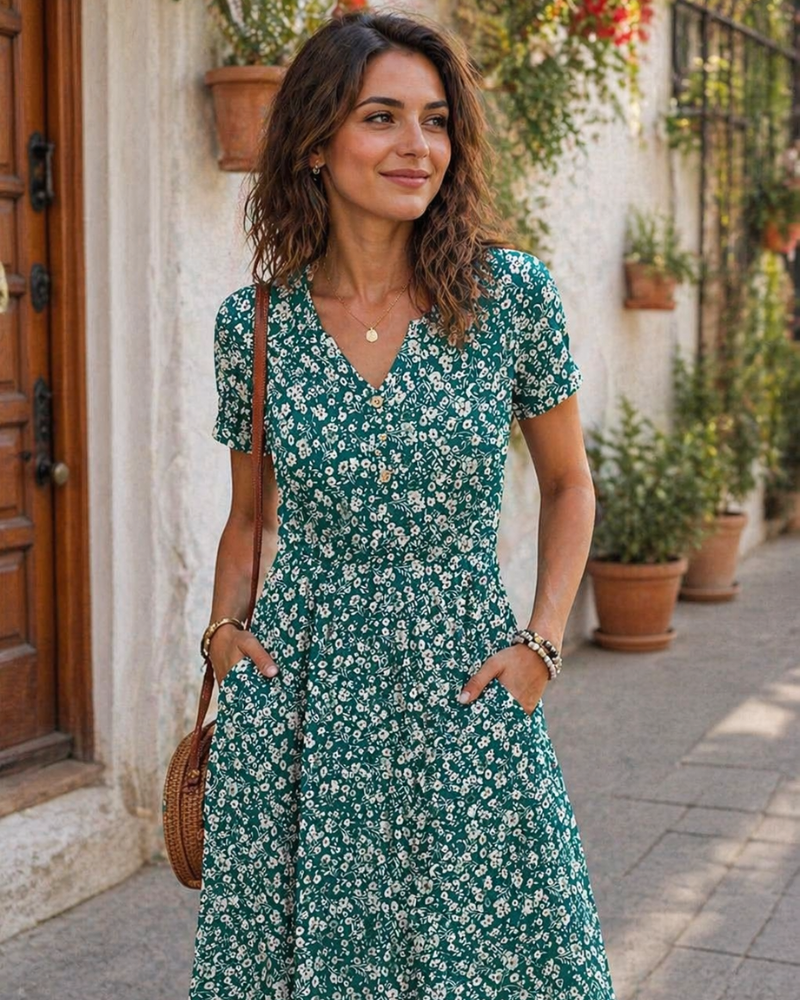 Ester Women's Dress – Mid-Length Summer Dress with V-Neck, Short Sleeves, Buttoned, Empire Waist, Pockets