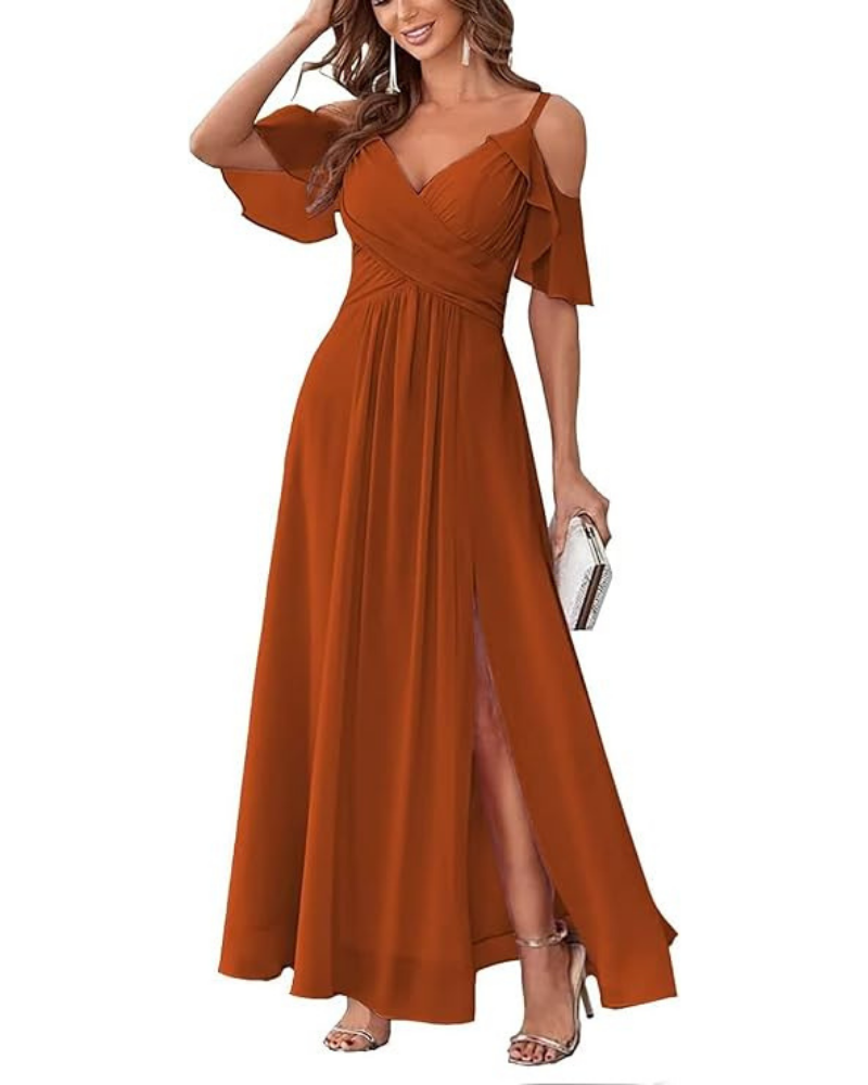Georgia Long Women's Robe – Chiffon Off-Shoulder, V-Neck & Elegant A-Line Cut