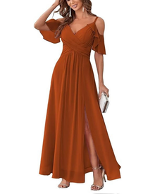 Georgia Long Women's Robe – Chiffon Off-Shoulder, V-Neck & Elegant A-Line Cut
