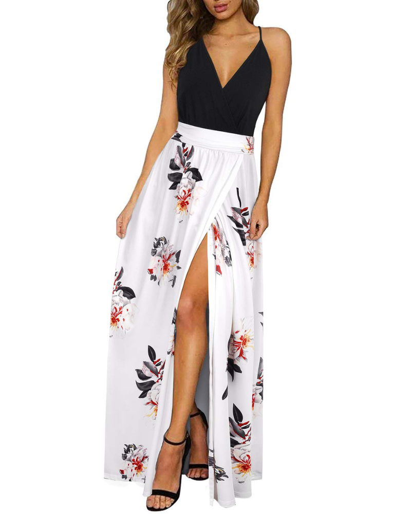 Kerensa Women's Maxi Robe – V-Neck, Open Back, Floral Print & Flowing Split Cut Summer Dress