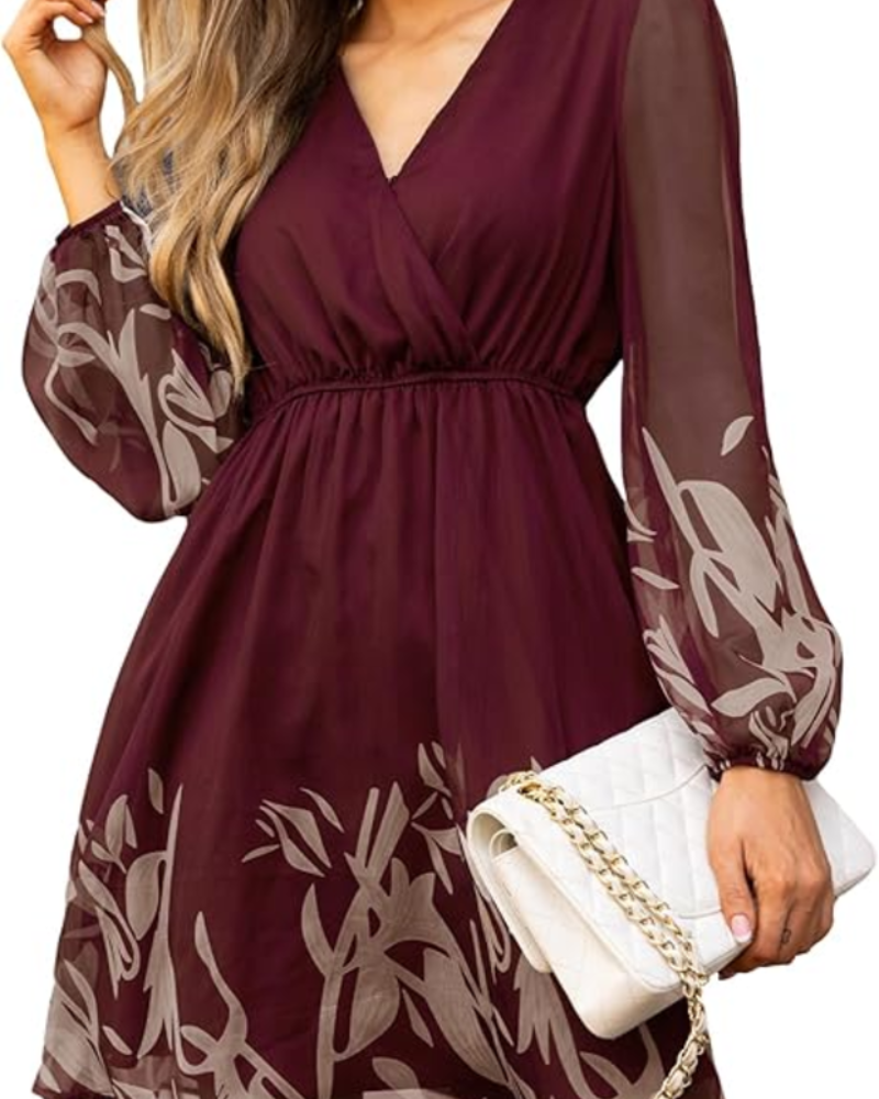 Zaya Women's Robe – Mini Wrap, V-Neck & Elegant Long Floral Print Sleeves