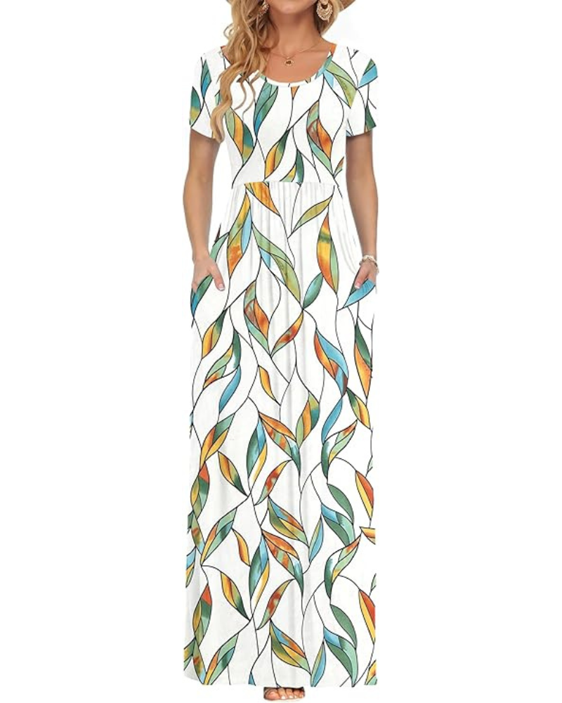 Fenna Maxi Dress for Women – Casual Long Dress with Short Sleeves, Pockets, and Elastic Waist