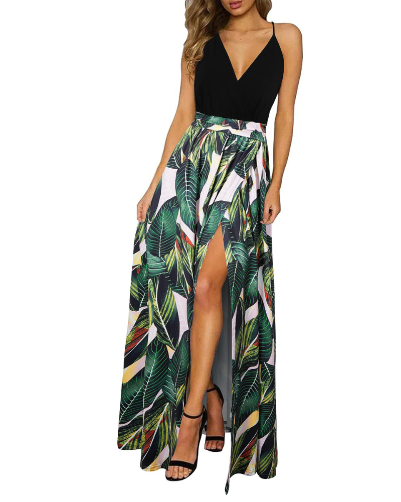 Kerensa Women's Maxi Robe – V-Neck, Open Back, Floral Print & Flowing Split Cut Summer Dress