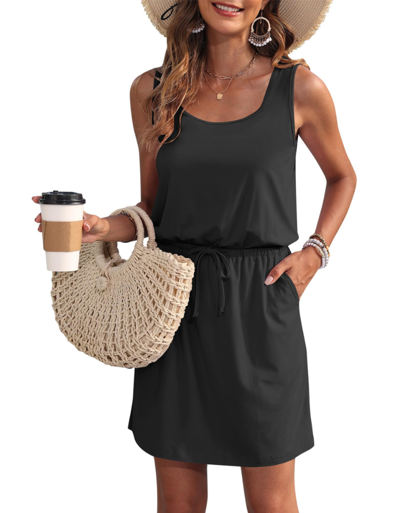 Fiorielle Women's Dress – Sleeveless Round Neck, Adjustable Waist & Pockets, Flowing Summer Fit