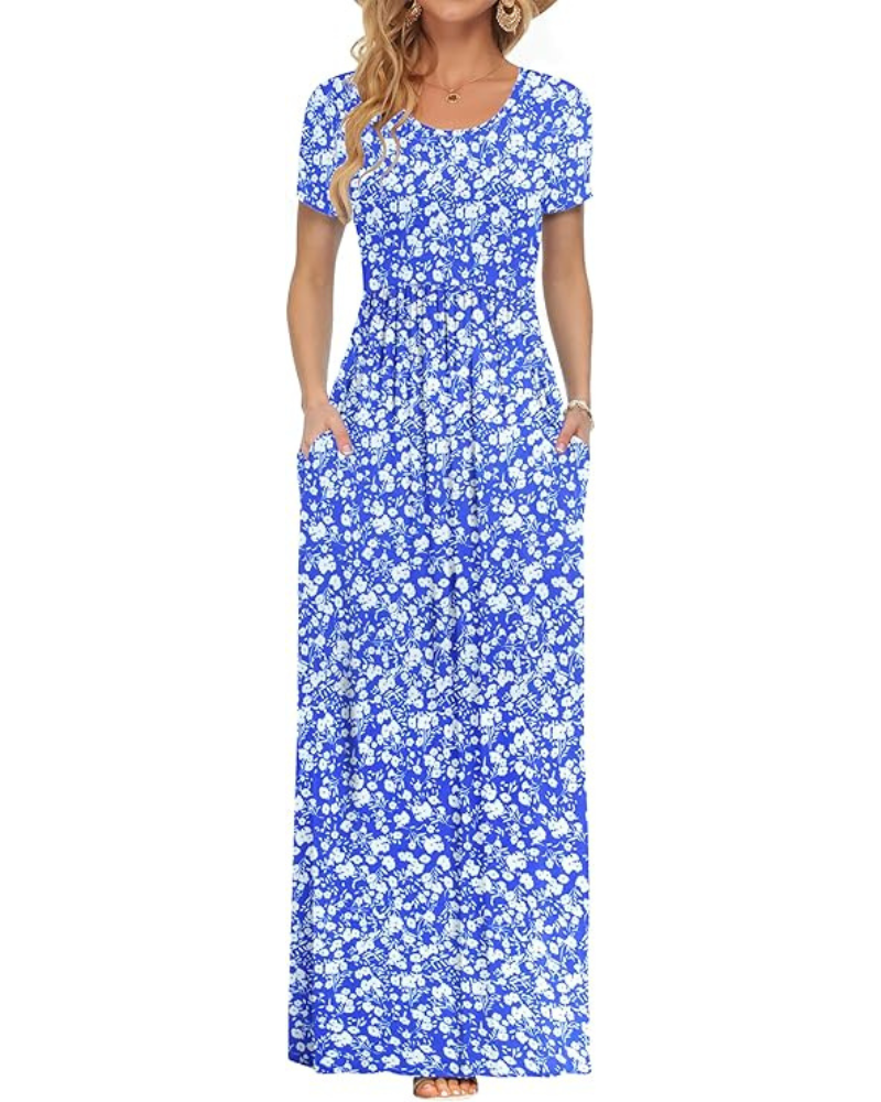 Fenna Maxi Dress for Women – Casual Long Dress with Short Sleeves, Pockets, and Elastic Waist