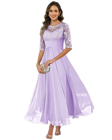Olanthe Women's Evening Dress – Lace & Chiffon, 3/4 Sleeves & Elegant A-Line Cut