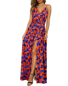Kerensa Women's Maxi Robe – V-Neck, Open Back, Floral Print & Flowing Split Cut Summer Dress
