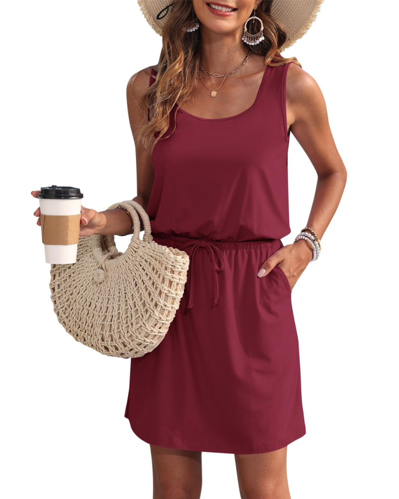 Fiorielle Women's Dress – Sleeveless Round Neck, Adjustable Waist & Pockets, Flowing Summer Fit